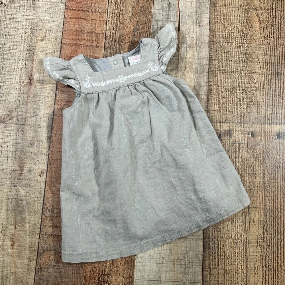 Gymboree 3-6M Gray Cotton Gauze Dress Good Day Gray Embroidered Flutter Sleeve